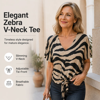 T-shirt til kvinder med V-hals, bindedetalje foran og zebraprint