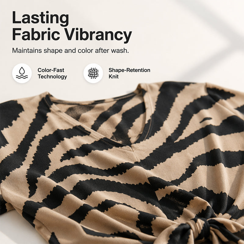 T-shirt til kvinder med V-hals, bindedetalje foran og zebraprint