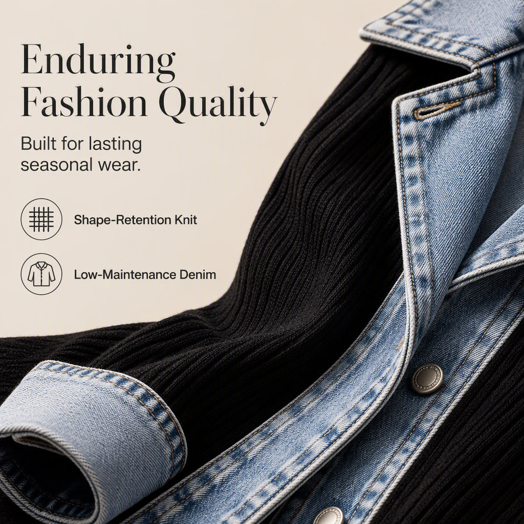 ⌛ Tidsbegrænset tilbud – elegant damejakke i denim og ribstrik