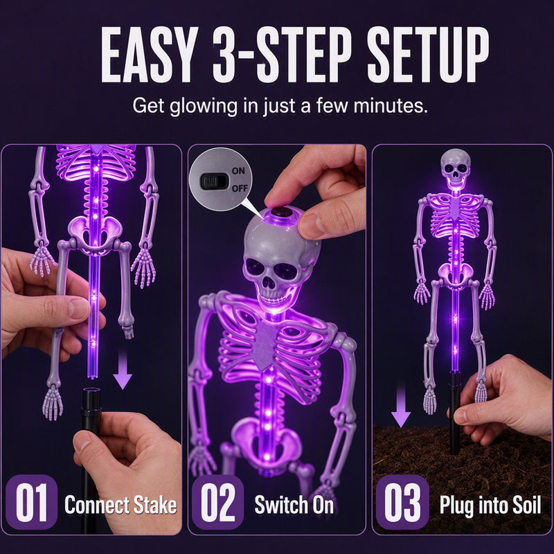 👻50 % rabat til Halloween! 💀Uhyggelig pynt til haven!🎃💡 Solcelledrevne skeletlamper på spyd – lyser i mørket, nemme at montere og perfekte til have, veranda og gangsti! 👻🪦✅