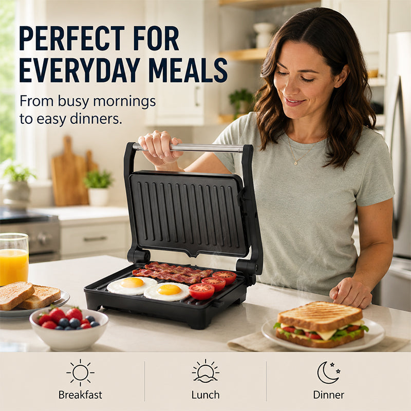 Elektrisk sandwichpresser og panini-maskine med 180 graders flad grillplade
