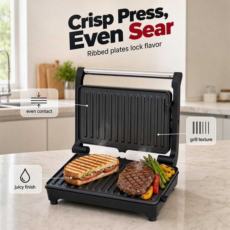 Elektrisk sandwichpresser og panini-maskine med 180 graders flad grillplade