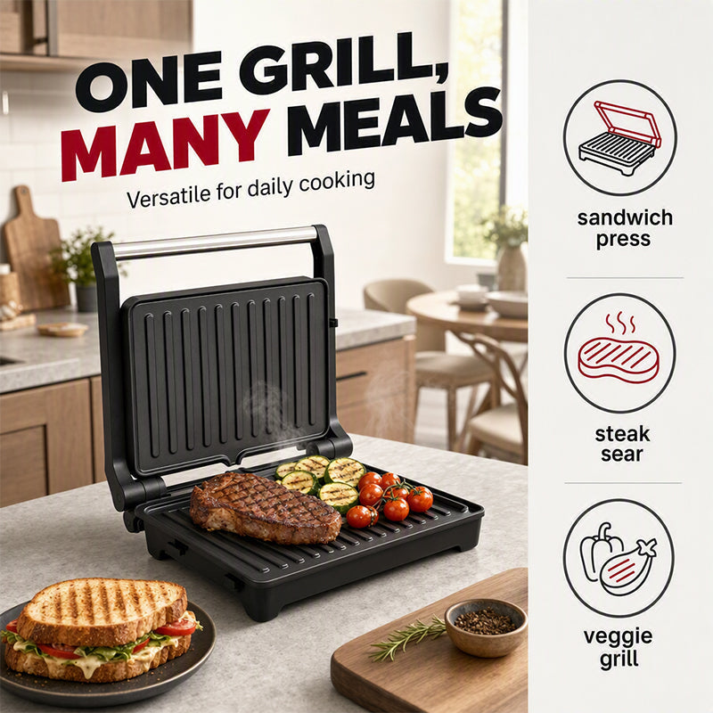 Elektrisk sandwichpresser og panini-maskine med 180 graders flad grillplade