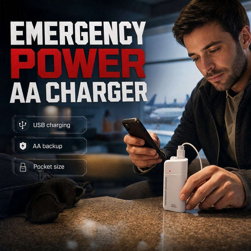 Bærbar nødlader til mobiltelefon – drives af AA-batterier og har indbygget LED-lommelygte