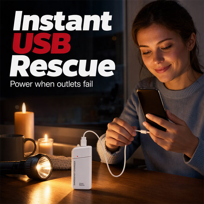 Bærbar nødlader til mobiltelefon – drives af AA-batterier og har indbygget LED-lommelygte