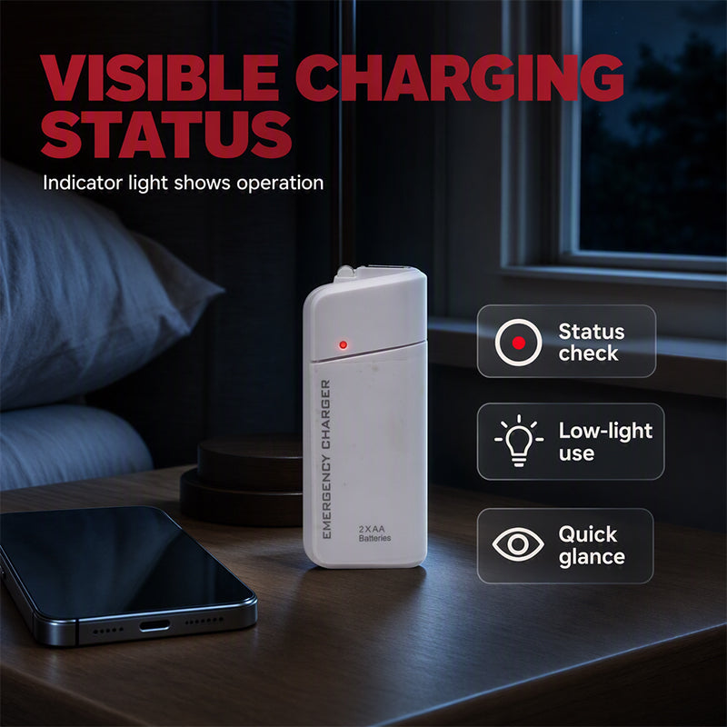 Bærbar nødlader til mobiltelefon – drives af AA-batterier og har indbygget LED-lommelygte