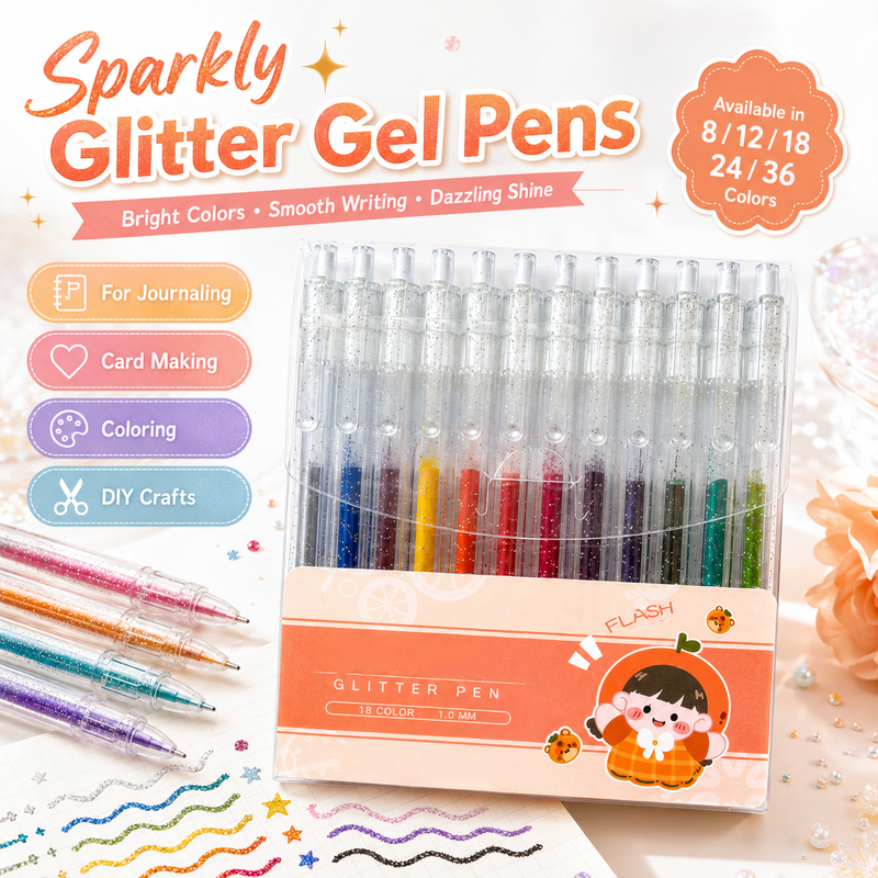 Sæt med udtrækkelige glittergelpenne til dagbog og tegning