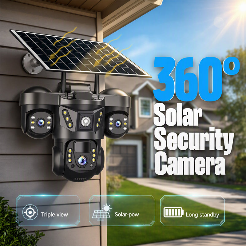 ☀️ Solcelledrevet overvågningskamera med tre objektiver og 360° overblik – overvågning dag og nat ved have, indkørsel og garage 🏠