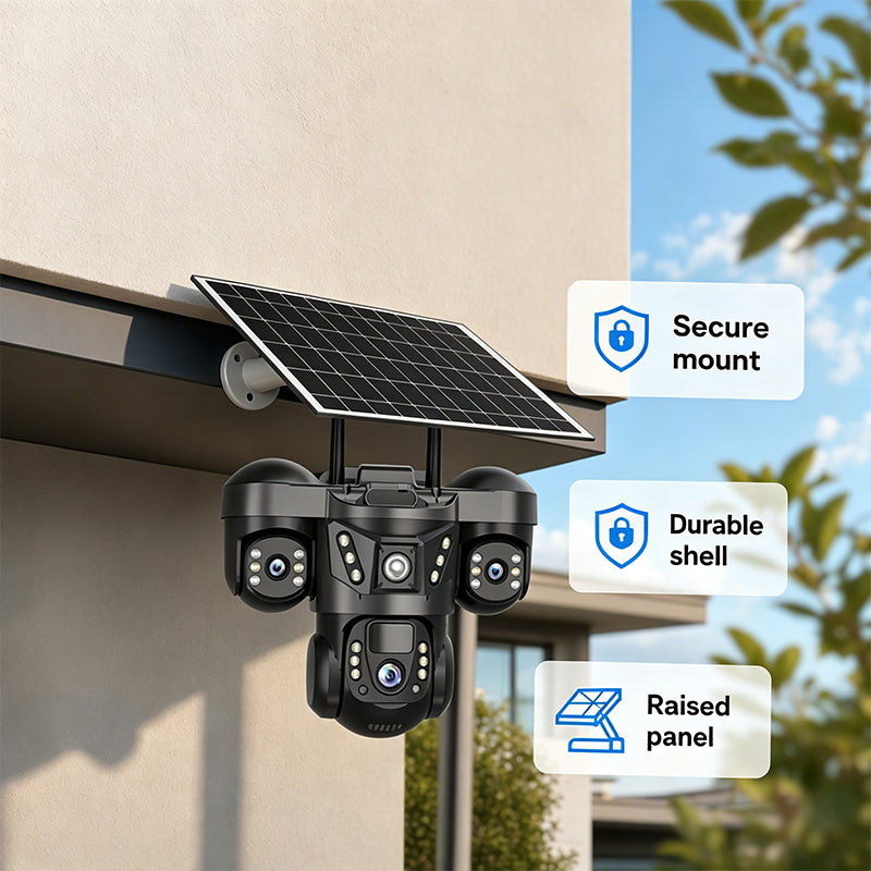 ☀️ Solcelledrevet overvågningskamera med tre objektiver og 360° overblik – overvågning dag og nat ved have, indkørsel og garage 🏠