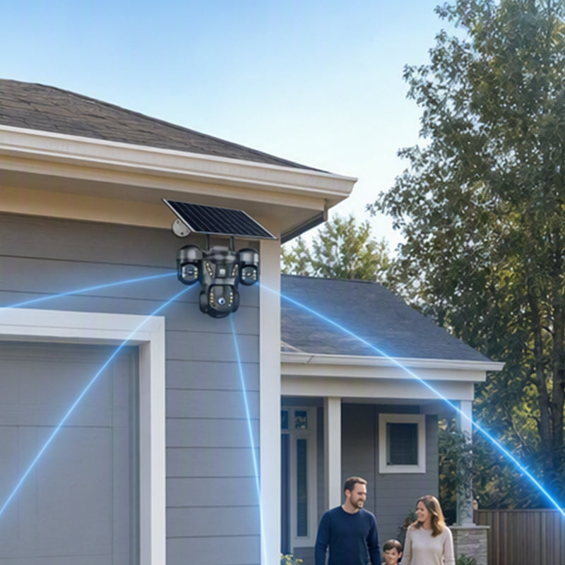 ☀️ Solcelledrevet overvågningskamera med tre objektiver og 360° overblik – overvågning dag og nat ved have, indkørsel og garage 🏠