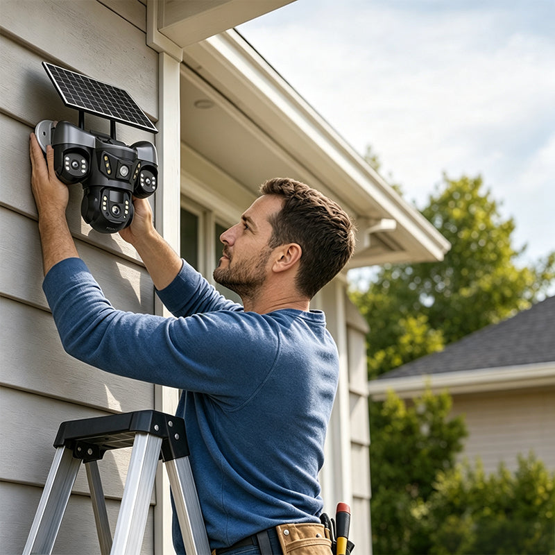☀️ Solcelledrevet overvågningskamera med tre objektiver og 360° overblik – overvågning dag og nat ved have, indkørsel og garage 🏠