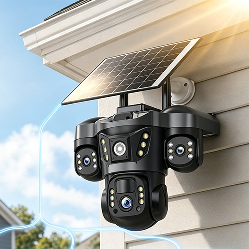 ☀️ Solcelledrevet overvågningskamera med tre objektiver og 360° overblik – overvågning dag og nat ved have, indkørsel og garage 🏠