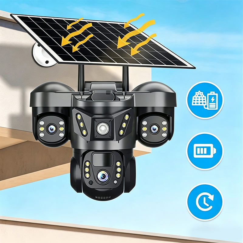 ☀️ Solcelledrevet overvågningskamera med tre objektiver og 360° overblik – overvågning dag og nat ved have, indkørsel og garage 🏠
