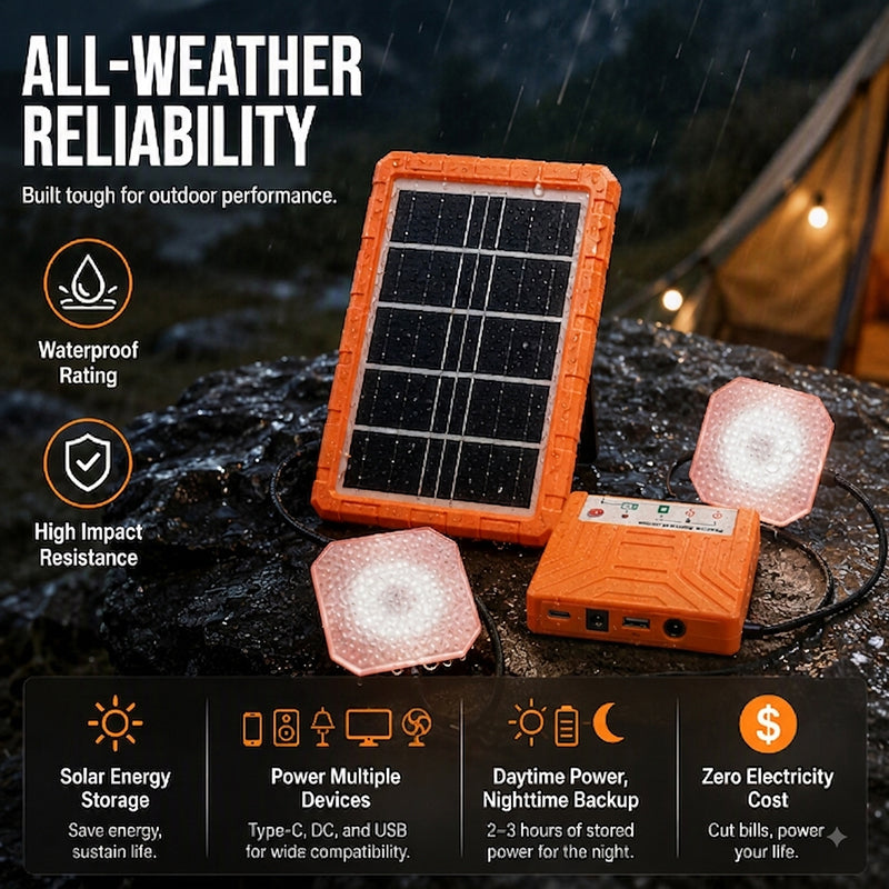 ☀️ 50 % RABAT LIGE NU! Bærbart solcelleanlæg med 2 LED-lamper – solcellegeneratorsæt til brug uden for elnettet, opladningsstation med flere porte til camping, nødsituationer og udendørs brug