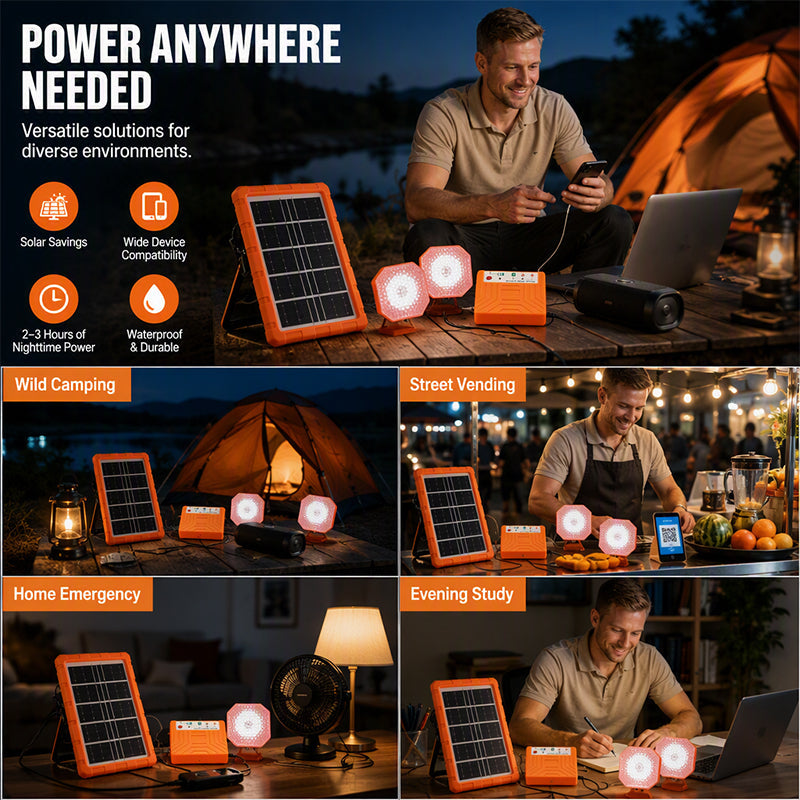 ☀️ 50 % RABAT LIGE NU! Bærbart solcelleanlæg med 2 LED-lamper – solcellegeneratorsæt til brug uden for elnettet, opladningsstation med flere porte til camping, nødsituationer og udendørs brug