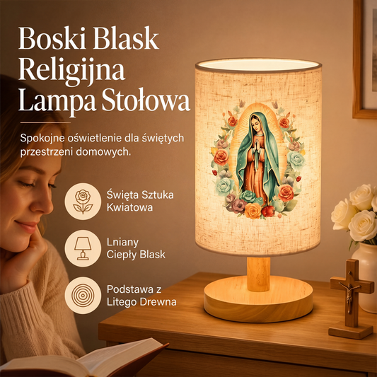 🌙 Bordlampe i træ med Jomfru Maria-motiv