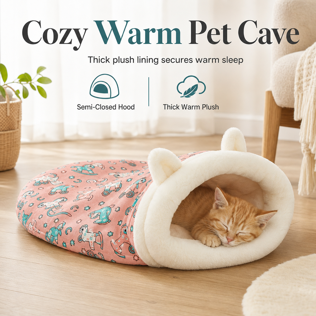 🐾50 % RABAT! 🛏️ Halvlukket varm soveseng til kæledyr – vindtæt, plysset og hyggelig seng til katte og små hunde, blød rede til vinterlure 🌨️