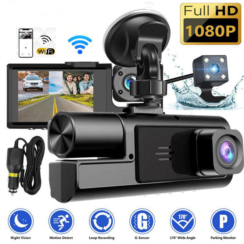 1080P dashcam til bil med tredobbelt kamera