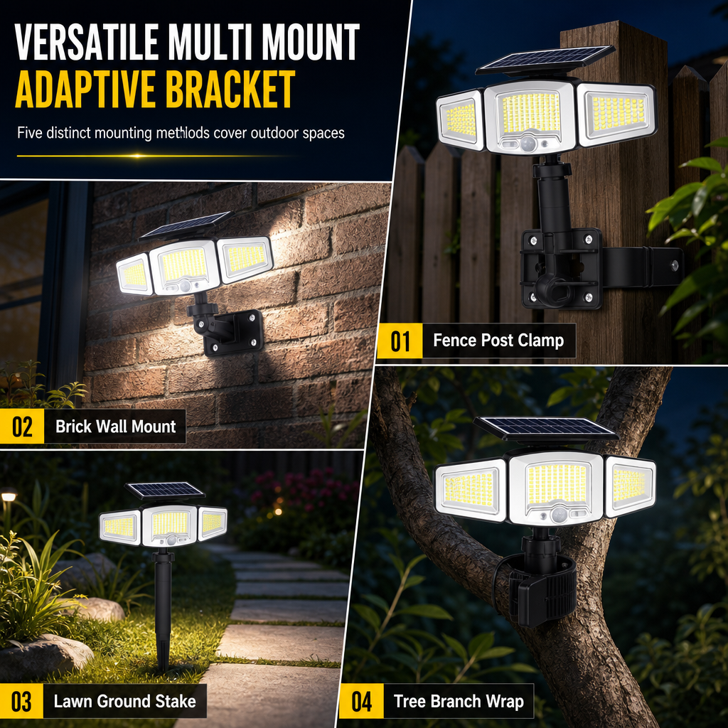Solcelledrevet udendørslampe med tre lampehoveder og bevægelsessensor