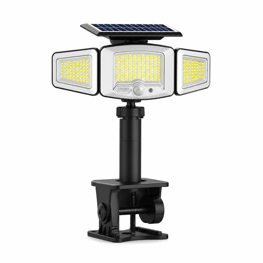 Solcelledrevet udendørslampe med tre lampehoveder og bevægelsessensor