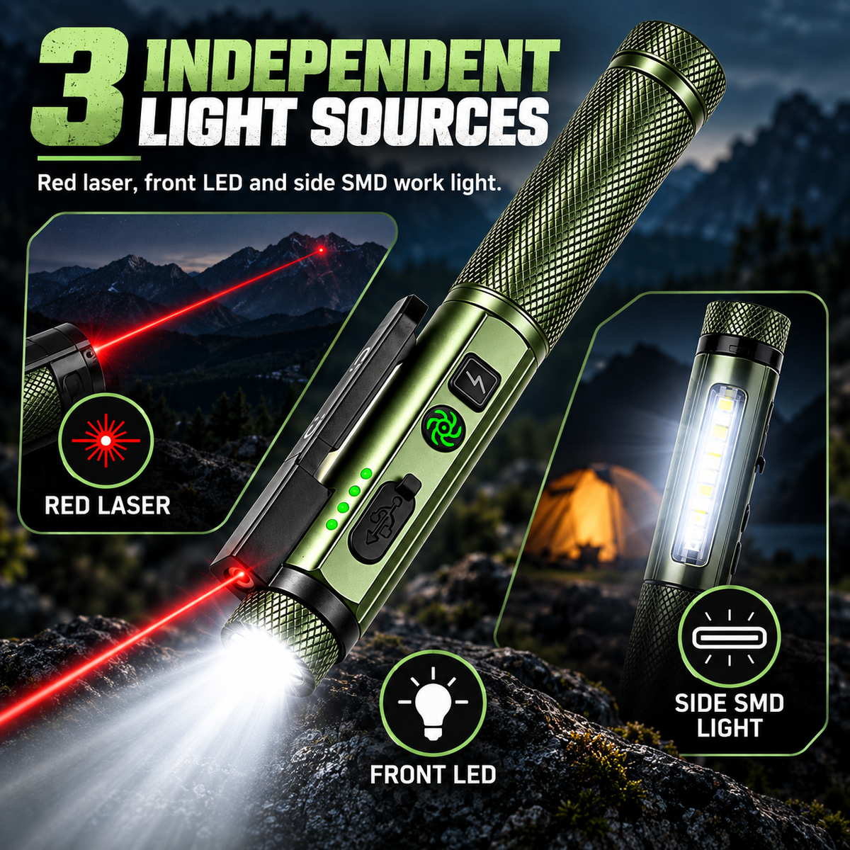 🔦 LED-penlygte med rød laserpeger og magnetfod