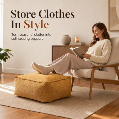 🧺 Opbevaringspufbetræk: Fyld med tøj, støtte op til 100 kg, bred lynlås, vaskbart, 45×45×23 cm