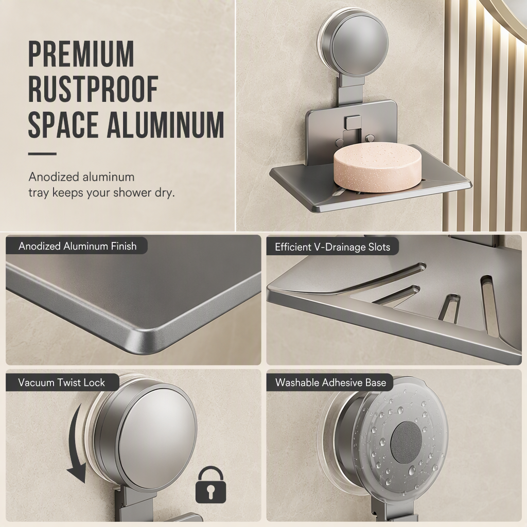 📢📢50 % RABAT!! ⏰Vakuum-sæbeskål: V-formet dræn, rustbestandigt aluminium, uden boring, drej-og-lås🧼