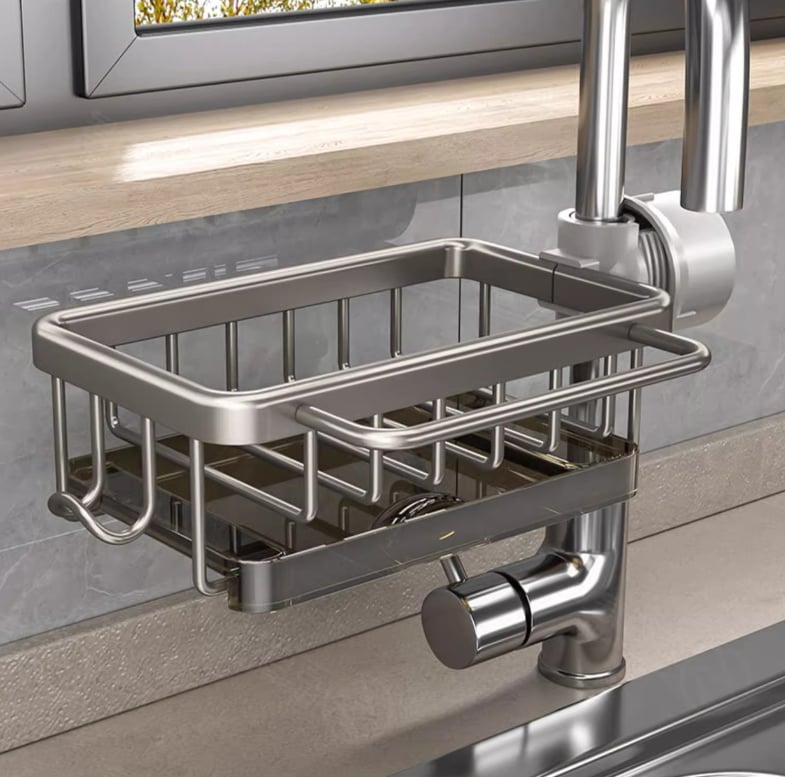 🧽Rustfrit stativ til vandhane & svamp – organiserer vasken hurtigt✨🚰