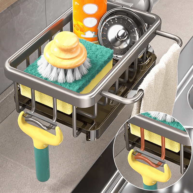 🧽Rustfrit stativ til vandhane & svamp – organiserer vasken hurtigt✨🚰