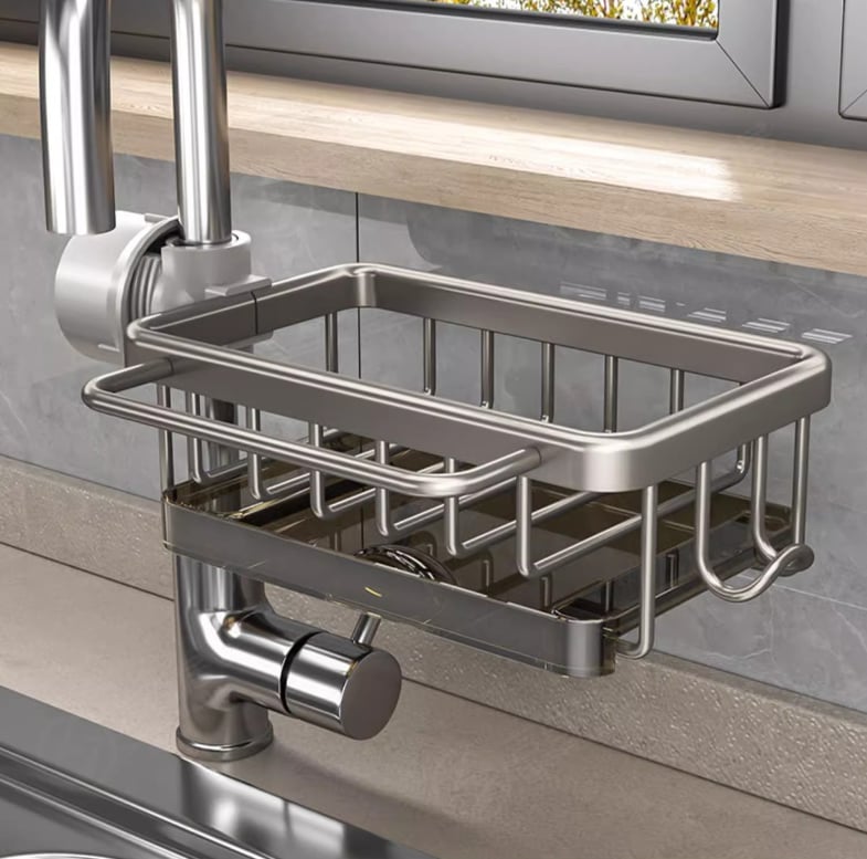🧽Rustfrit stativ til vandhane & svamp – organiserer vasken hurtigt✨🚰