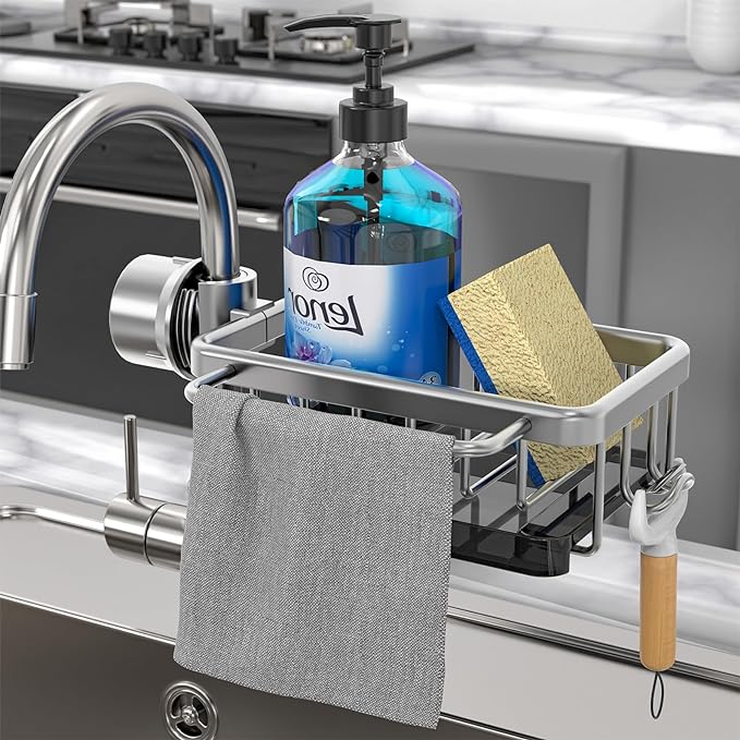 🧽Rustfrit stativ til vandhane & svamp – organiserer vasken hurtigt✨🚰