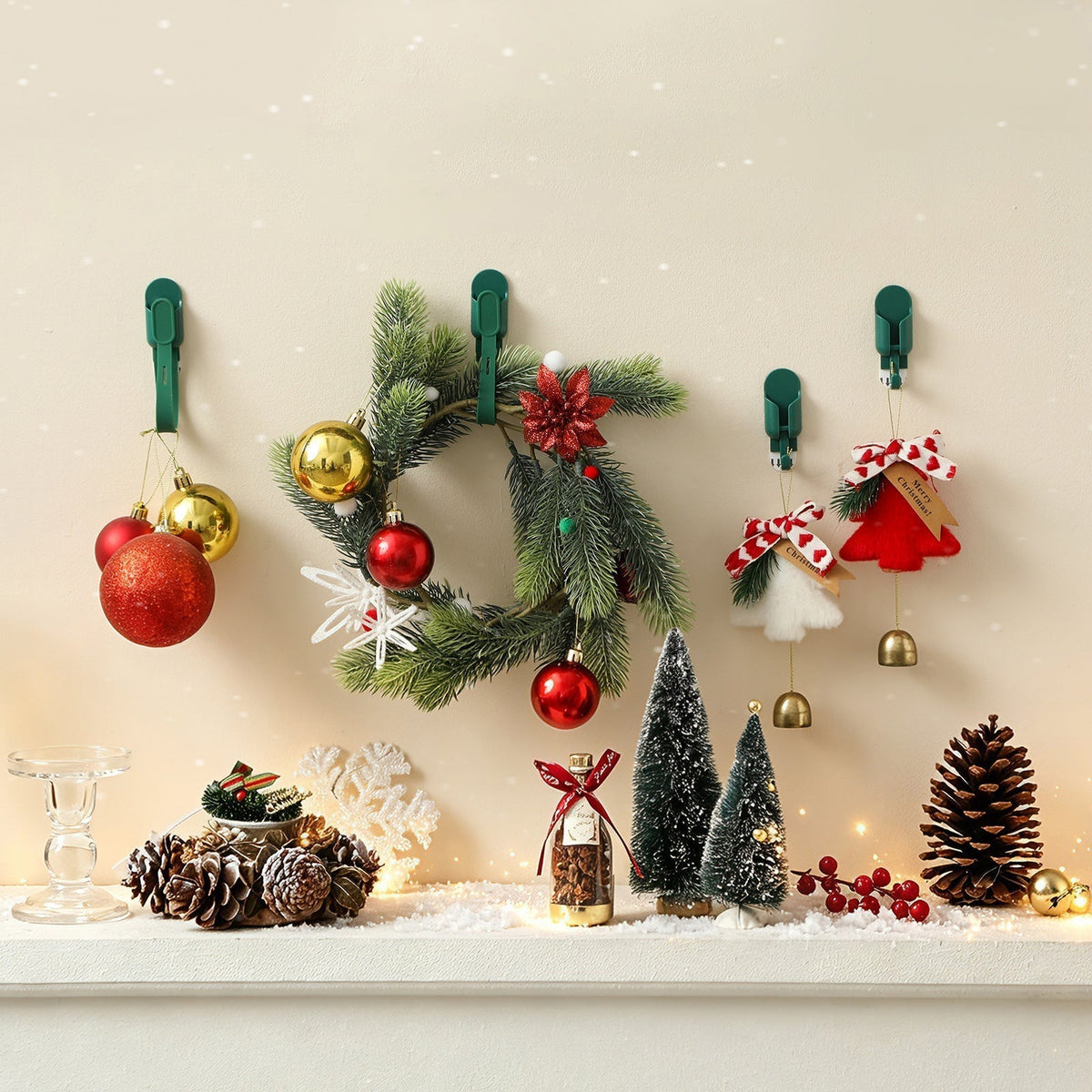🎄 50 % RABAT NU! 🎅 Silikonebånd & sporløse kroge til julekranse (5 stk.) – nem ophængning uden boring 🔔