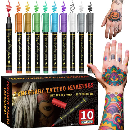 ⏳ Tidsbegrænset tilbud ⏰🎨Sæt med 10 midlertidige tatoveringspenne – kropskunstpenne til kreative designs ✨