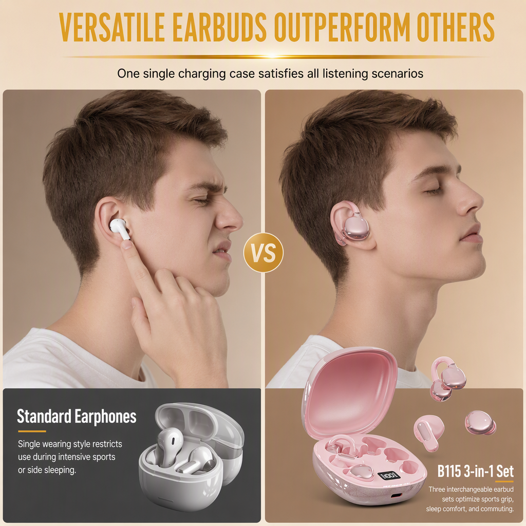 🏆 Supertilbud – 50 % RABAT 🎧 3-i-1 Bluetooth-øretelefoner – 6 ørepropper, øreklemme og in-ear, støjreduktion