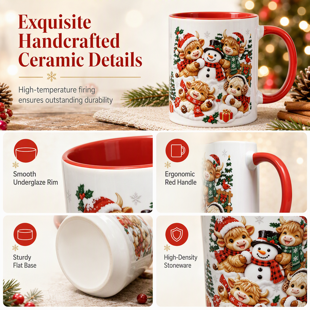 ☕✨Festlige keramiske krus med motiver af Highland-ko og snemand – tilføj lidt julemagi til hver eneste slurk!
