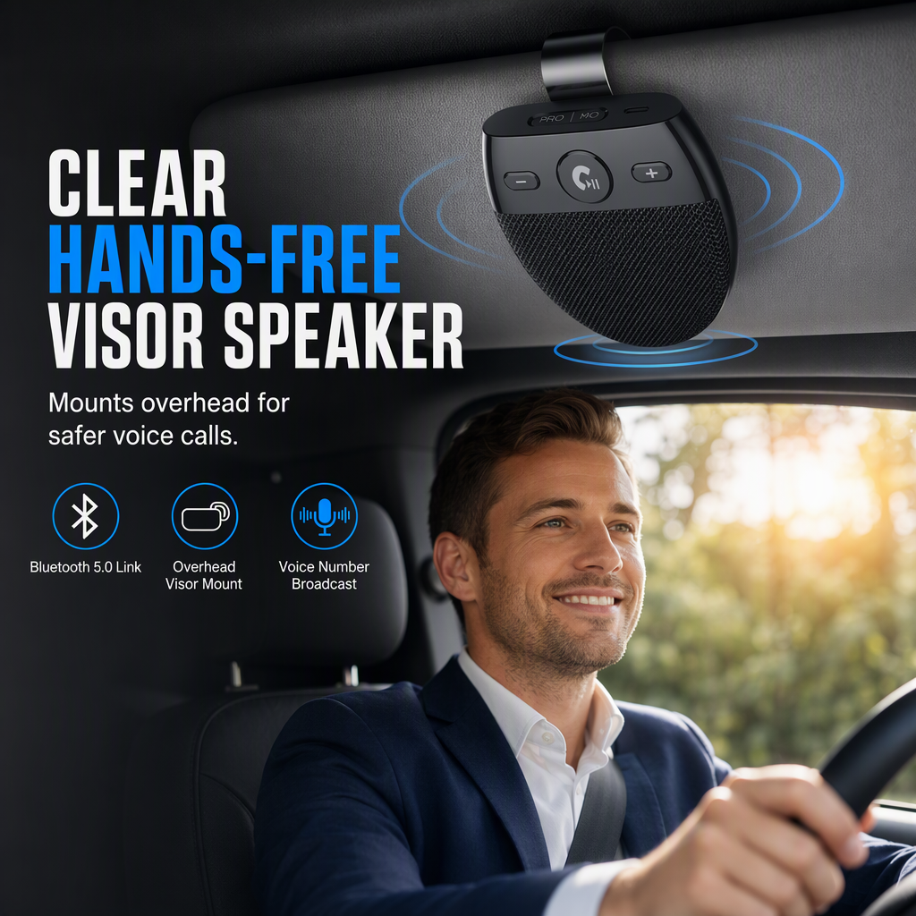 📢📢 50% RABAT🚗SP11 Bluetooth-håndfri højttaler til bilens solskærm – vibrationsaktiveret automatisk start, A2DP-understøttelse og stemmemeddelelse med nummeroplysning