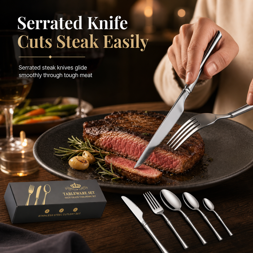 Bestiksæt i 304 rustfrit stål med slankt design – elegant sæt med knive, gafler og skeer til hjemmet