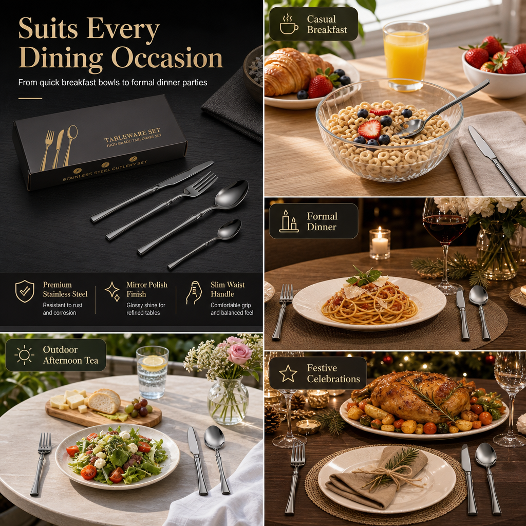 Bestiksæt i 304 rustfrit stål med slankt design – elegant sæt med knive, gafler og skeer til hjemmet