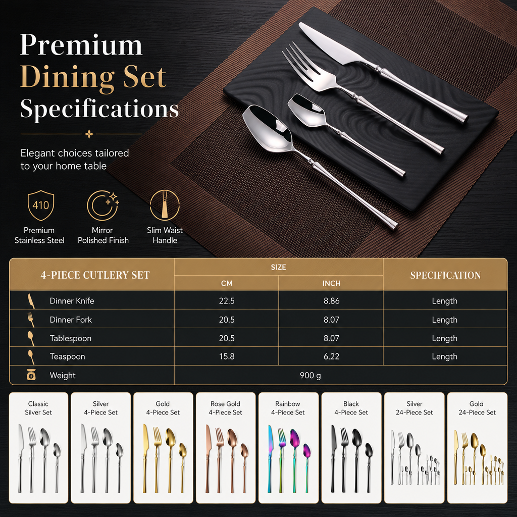 Bestiksæt i 304 rustfrit stål med slankt design – elegant sæt med knive, gafler og skeer til hjemmet