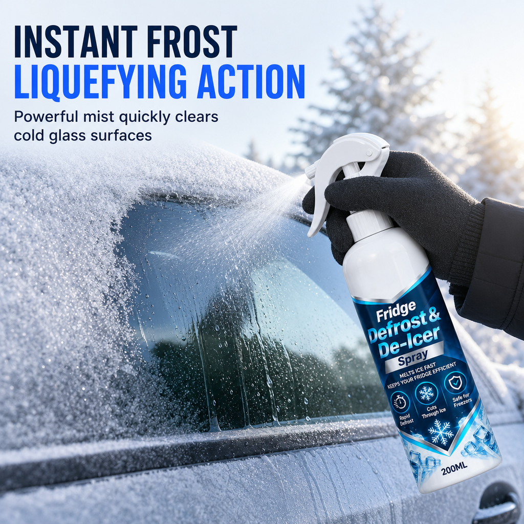 ❄️【Multifunktionel hurtig afrimningsspray】—— Ét spray, 💨så smelter isen – slip for at skrabe is ud af køleskabet og af bilruderne! ✨