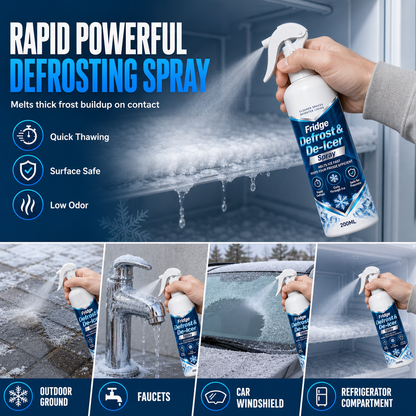 ❄️【Multifunktionel hurtig afrimningsspray】—— Ét spray, 💨så smelter isen – slip for at skrabe is ud af køleskabet og af bilruderne! ✨