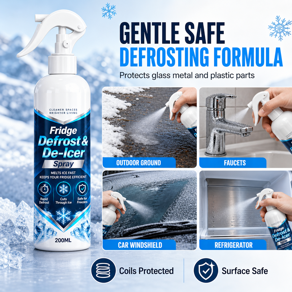 ❄️【Multifunktionel hurtig afrimningsspray】—— Ét spray, 💨så smelter isen – slip for at skrabe is ud af køleskabet og af bilruderne! ✨