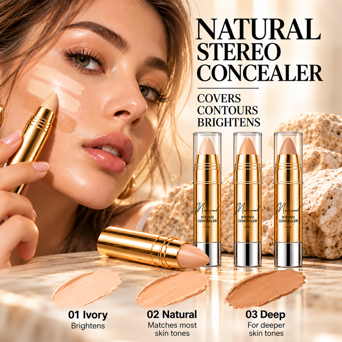 Naturlig sømløs concealer-stick – 3-i-1 til at dække, lysne & konturere
