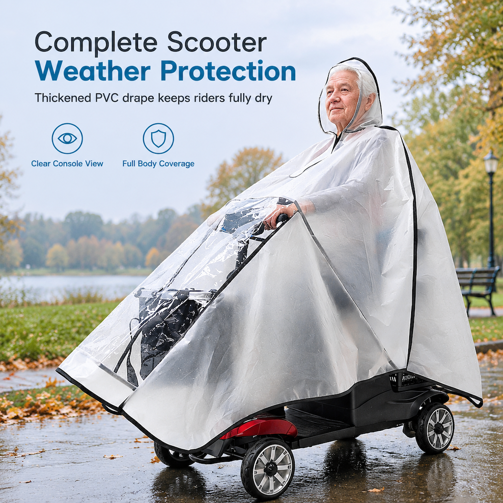 Forstærket, ekstra stort, vandtæt PVC-overtræk og poncho til el-scootere til ældre og firehjulede el-køretøjer