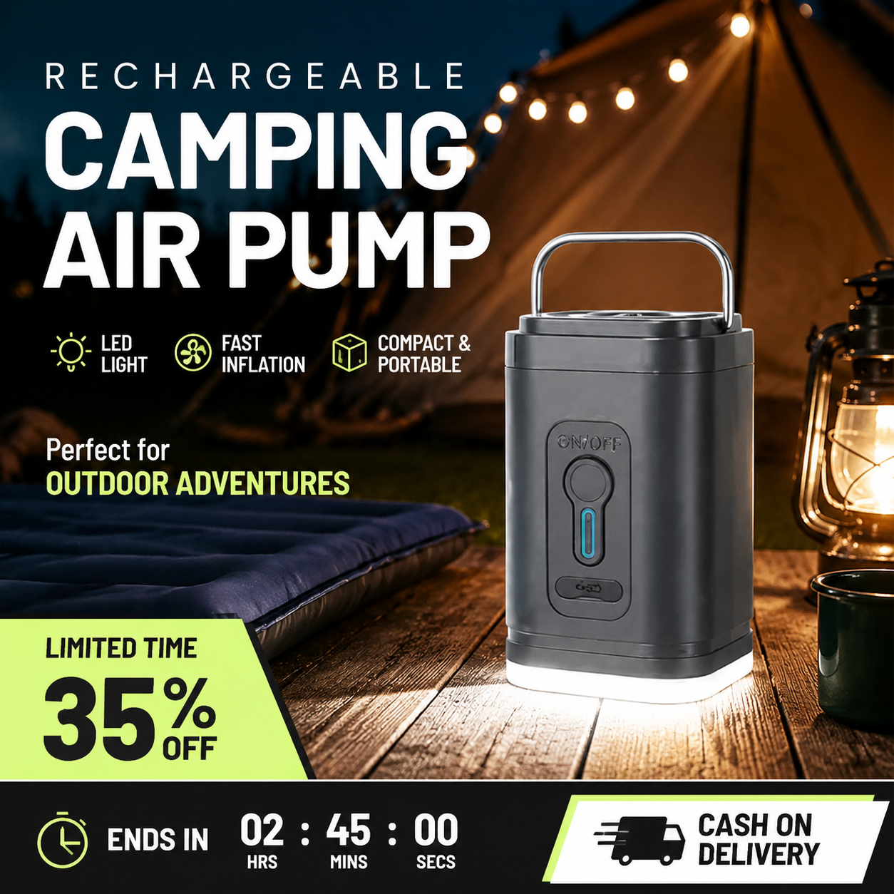 🏕️ Genopladelig camping-luftpumpe – LED-lys, hurtig oppumpning, kompakt – betaling ved levering 🔋